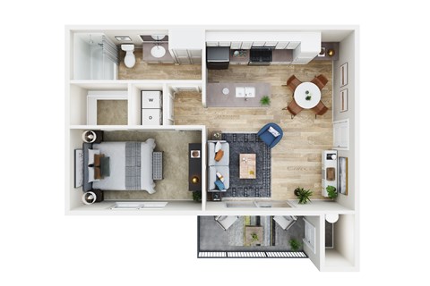 A top-down view of a small apartment with a kitchen, living room, and bathroom.
